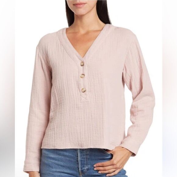 Madewell Lightspun Evert Top Wisteria Dove Pink Button Front V-Neck Textured XS - Picture 1 of 7